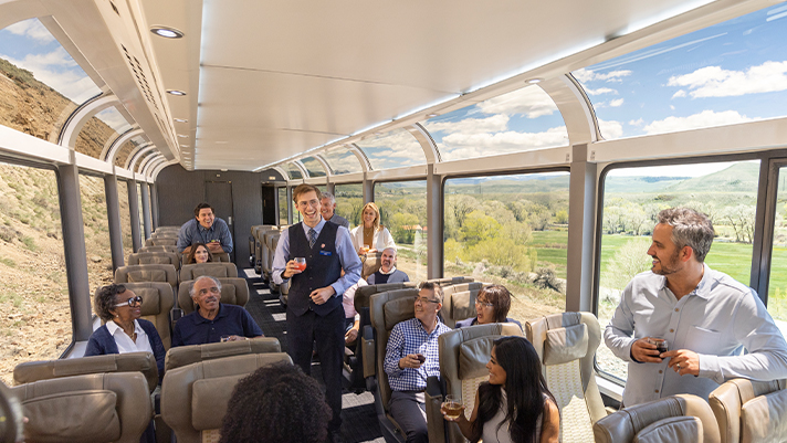 View spectacular sights with the oversized windows in the SilverLeaf rail car. 