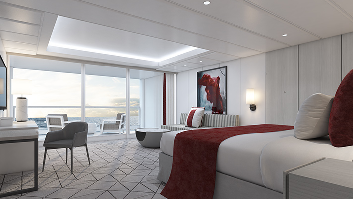 Relax in this luxurious and spacious Sky Suite Bedroom onboard the Celebrity Edge class ship.