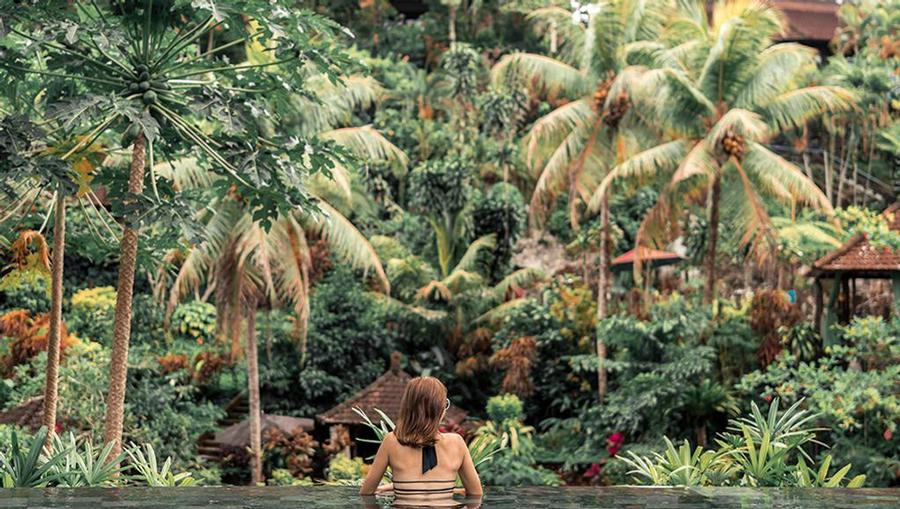 A woman in an infinity pool overlooking a rainforest.