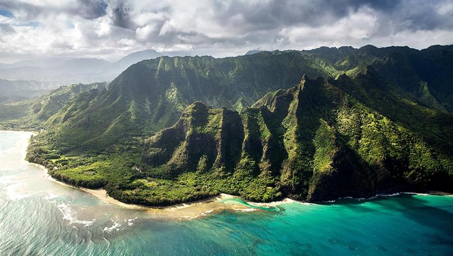 An aerial view of mountains in Hawaii.
