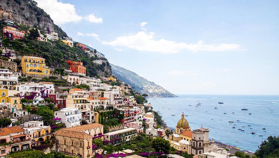 A view of cliffside villas and the ocean at the Amalfi Coast.