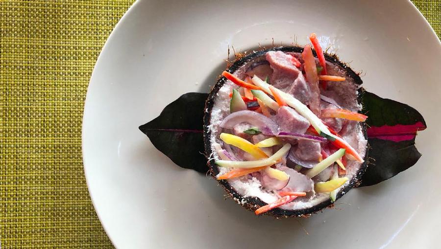 Local Tahitian Fish dish. Filled with fresh raw tuna, coconut milk, lime, onions, and peppers. Served as part of 2 course lunch at Intercontinental Thalasso Bora Bora.