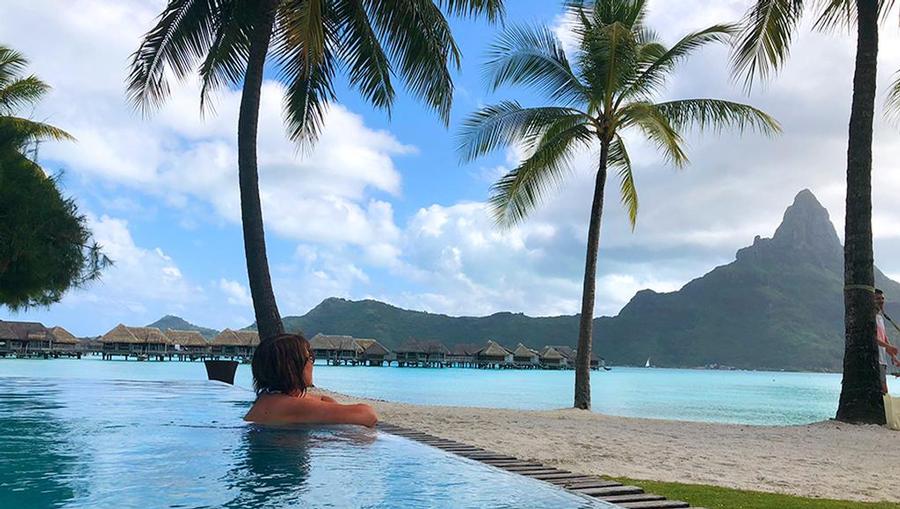 Intercontinental Thallasso Bora Bora, enjoying the views of the mountain of Bora Bora and the infinity pool.