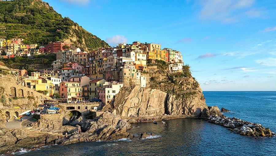 A view of houses on the cliff sides of Cinque Terre, La Spezia. 