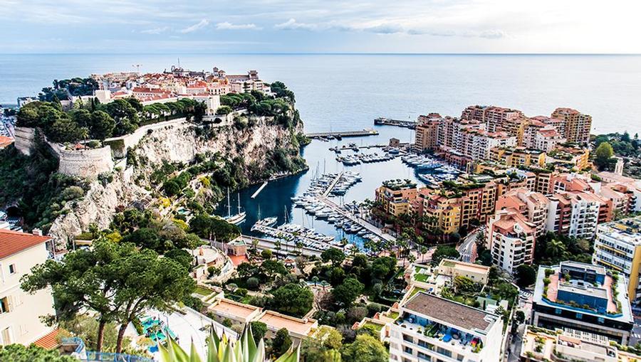 An aerial view of buildings and the sea in Monte Carlo.