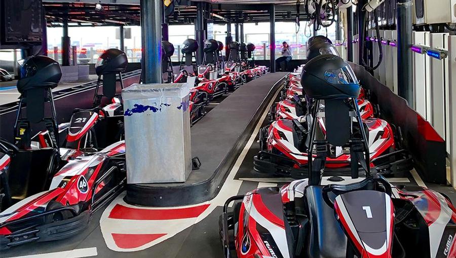 A view of the race cars at the racetrack onboard Norwegian Joy.