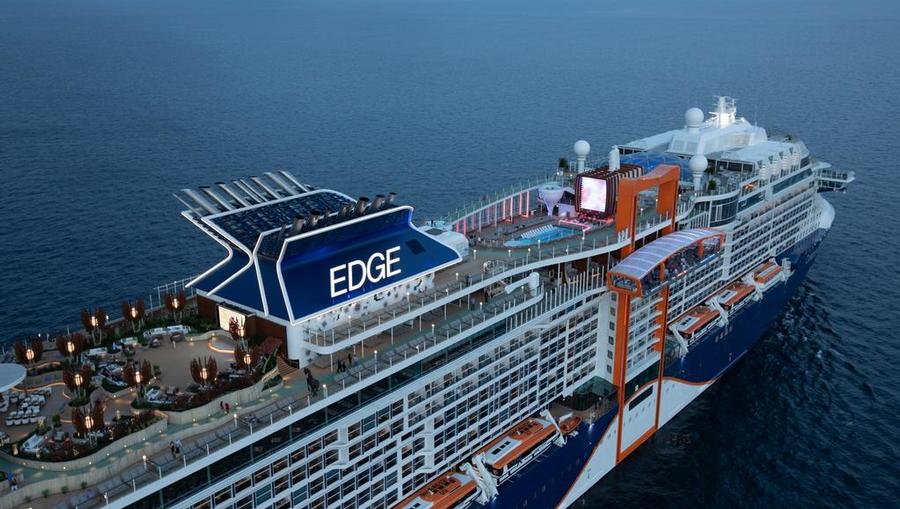 A close aerial view of Celebrity Edge. 