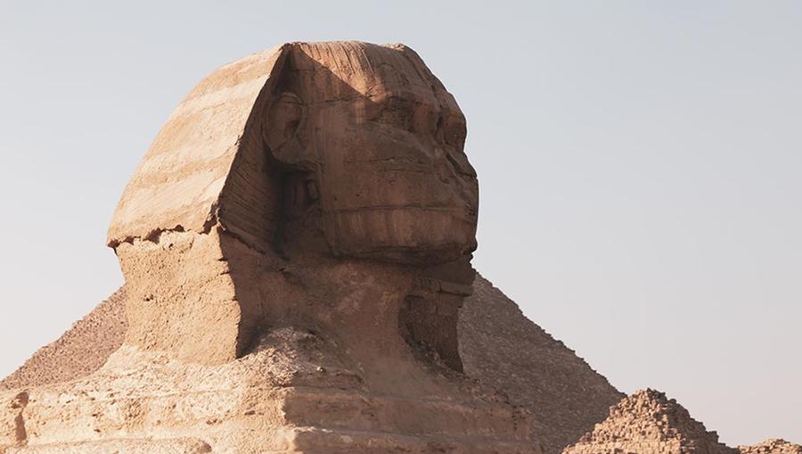 An up-close view of the Sphinx in Cairo, Egypt.