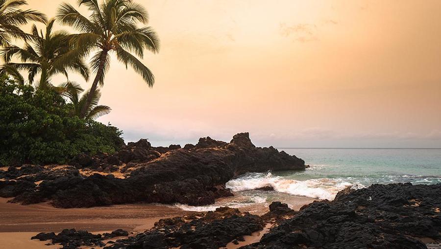 A surfer rides a wave in Maui, Hawaii.