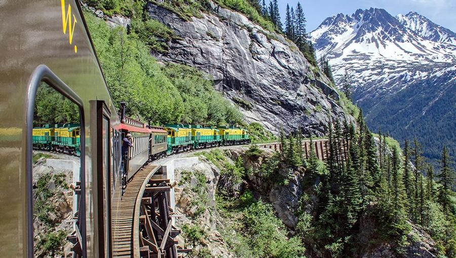 The iconic Alaska Railway in Skagway, Alaska.