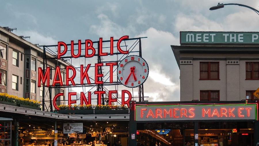 Seattle's Pike Place Market in the twilight lighting. 